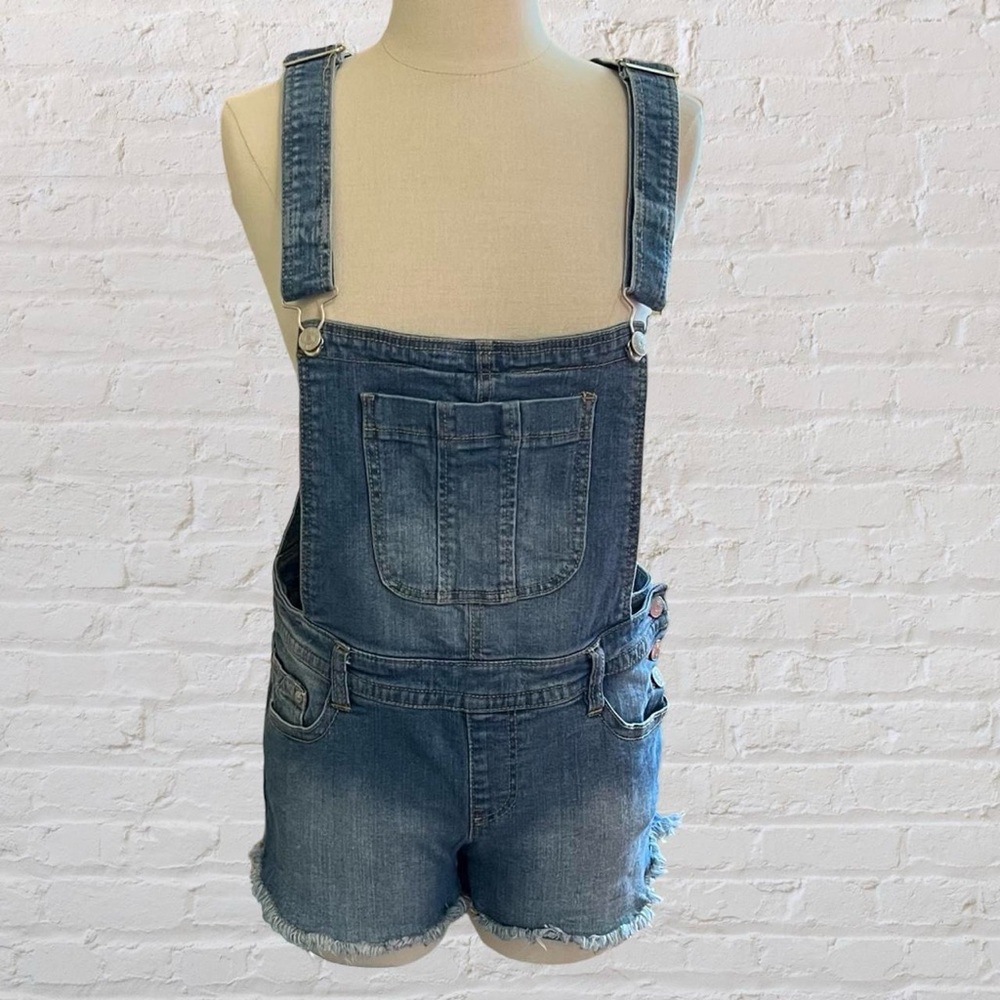 dELiA*s Blue Denim Short Overalls with Rolled Legs and Frayed Hem